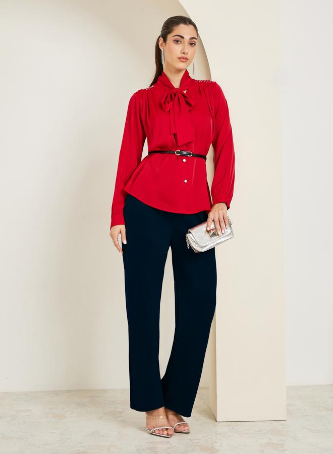 Styli Women Red Tie-Up Neck Buttoned Blouse - Image 4